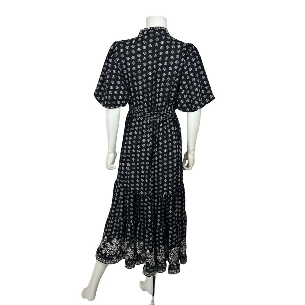 Max Studio London Floral Dress Medium Black White Printed Puff Sleeves Tiered Mi - Picture 9 of 13